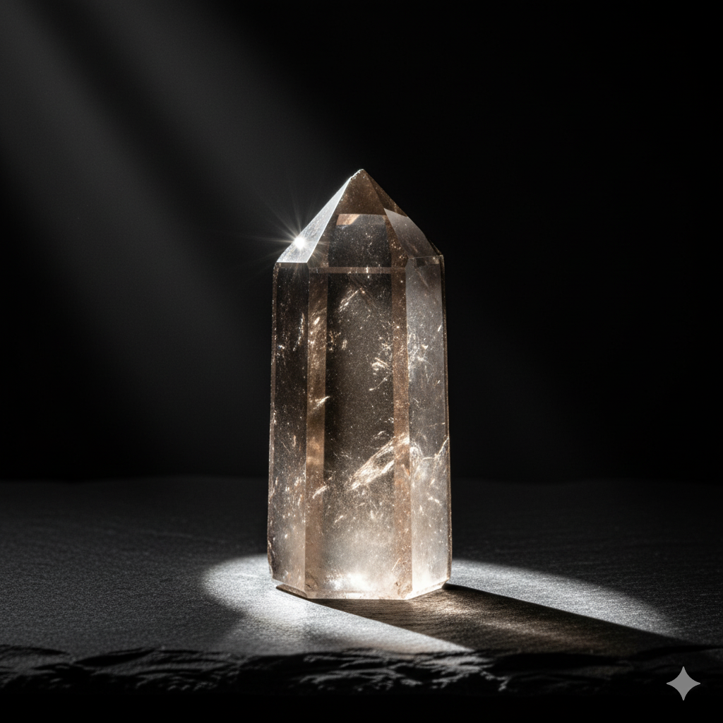 A translucent smoky quartz crystal point on a dark slate surface, with light shining through it.