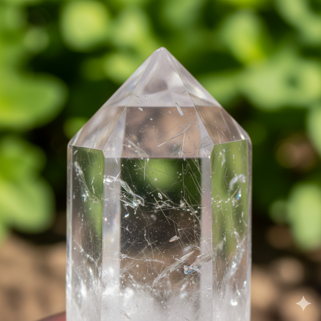 A macro shot of a perfectly clear quartz crystal point showing its facets against a soft green leaf.
