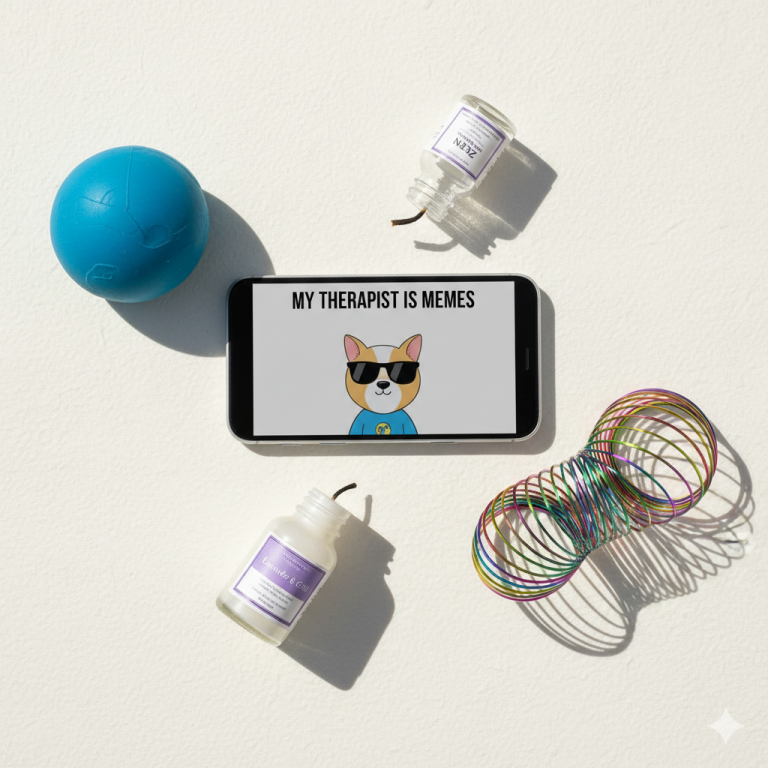 A smartphone displaying funny memes for stress, surrounded by a defeated-looking stress ball and other traditional stress-relief items.