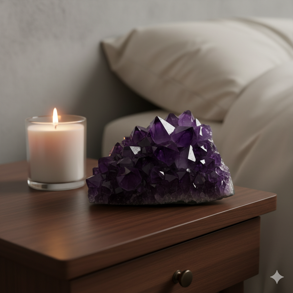 A raw amethyst crystal cluster on a dark wood nightstand, glowing softly next to a lit candle.