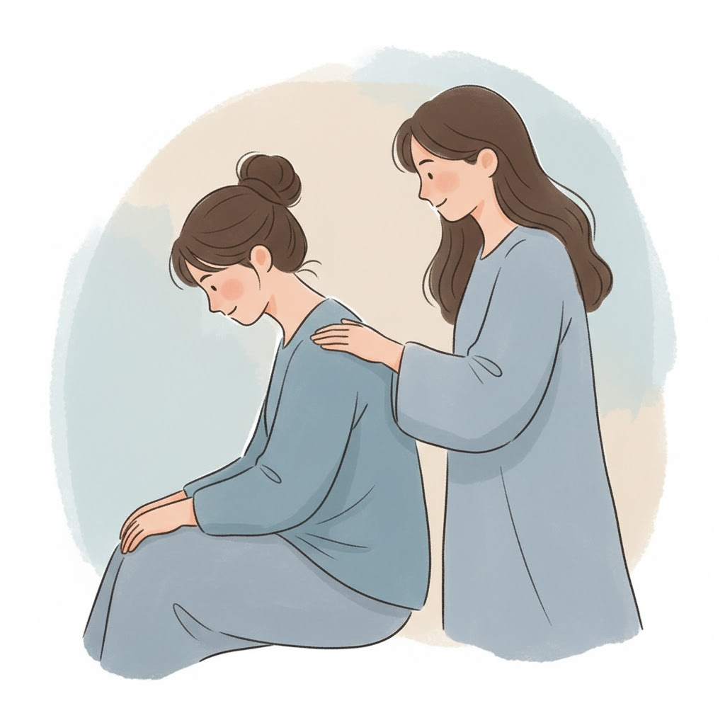 A friend gently placing a hand on another's shoulder, offering words of comfort in a quiet, calm setting.