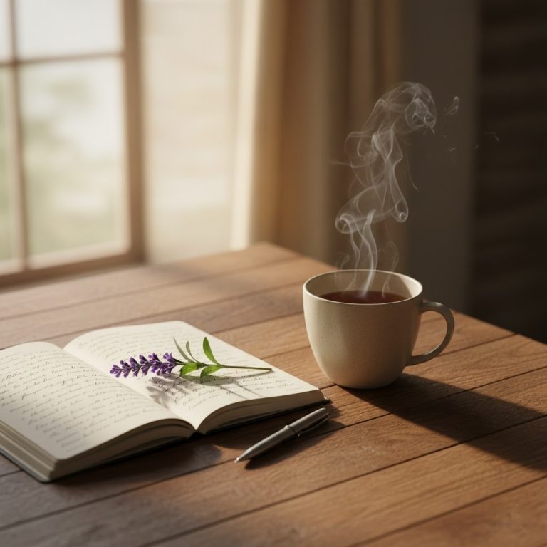 A serene overhead view of a complete tea ritual setup, including a cup of steaming herbal tea, a journal, and a sprig of lavender on a wooden table.