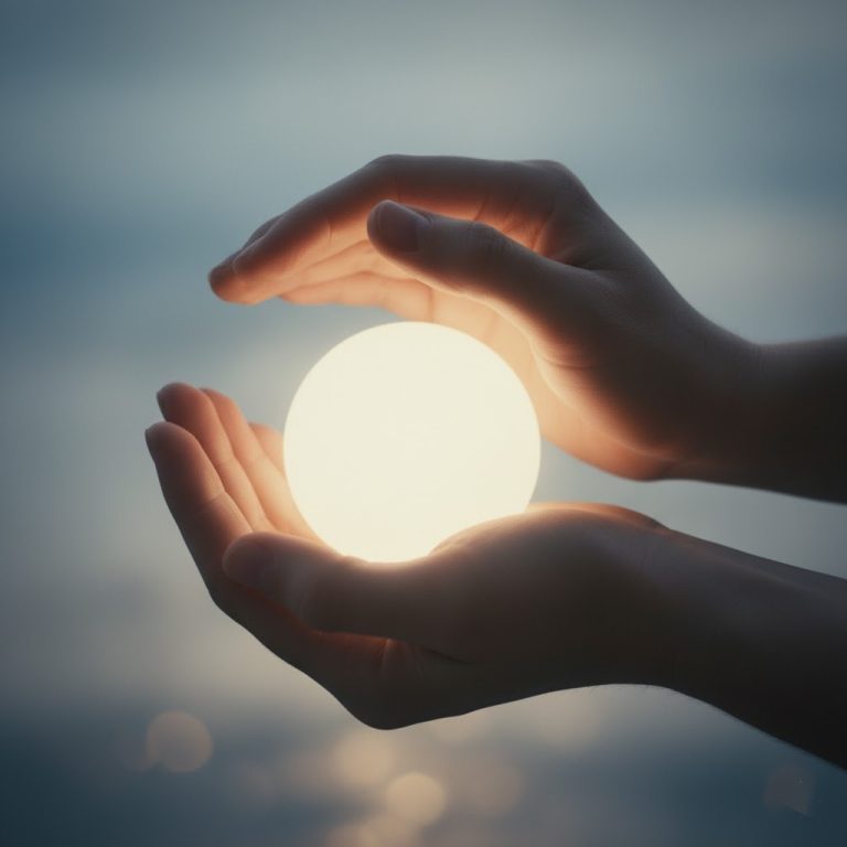 Two hands gently holding a fragile, glowing light, symbolizing care and support for mental well-being.