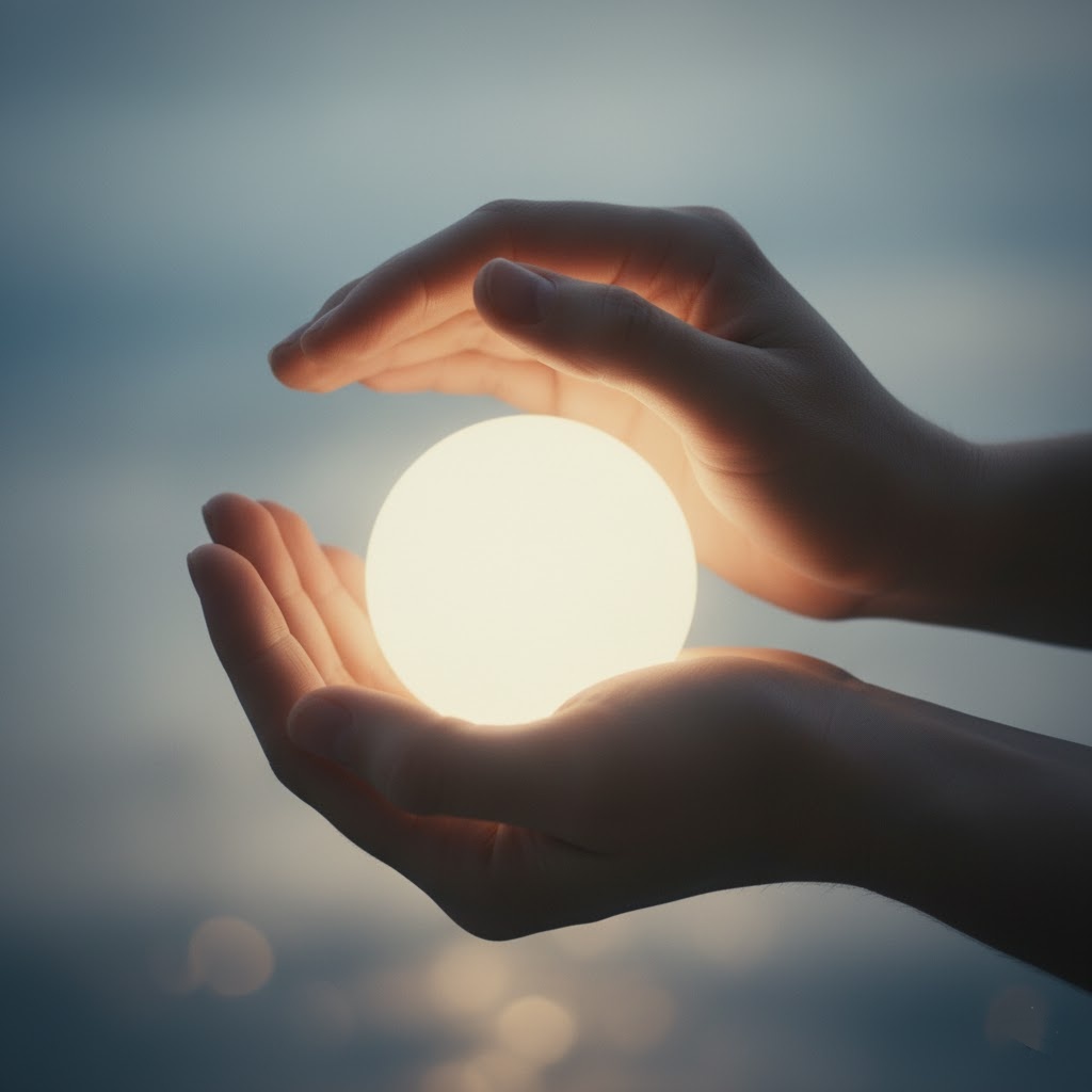 Two hands gently holding a fragile, glowing light, symbolizing care and support for mental well-being.