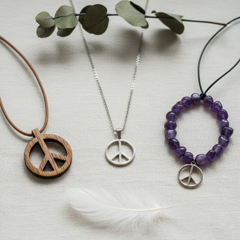 A collection of different styles of peace sign necklaces, including silver, wood, and gemstone, arranged beautifully on a calm background.